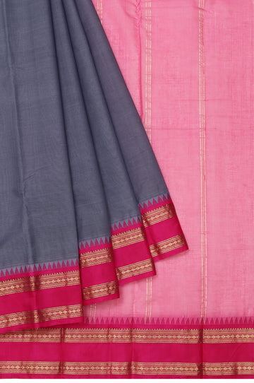 Grey Kanchi Cotton Saree with Magenta Pink Gold Zari Stripes and Rudhraksha Butta