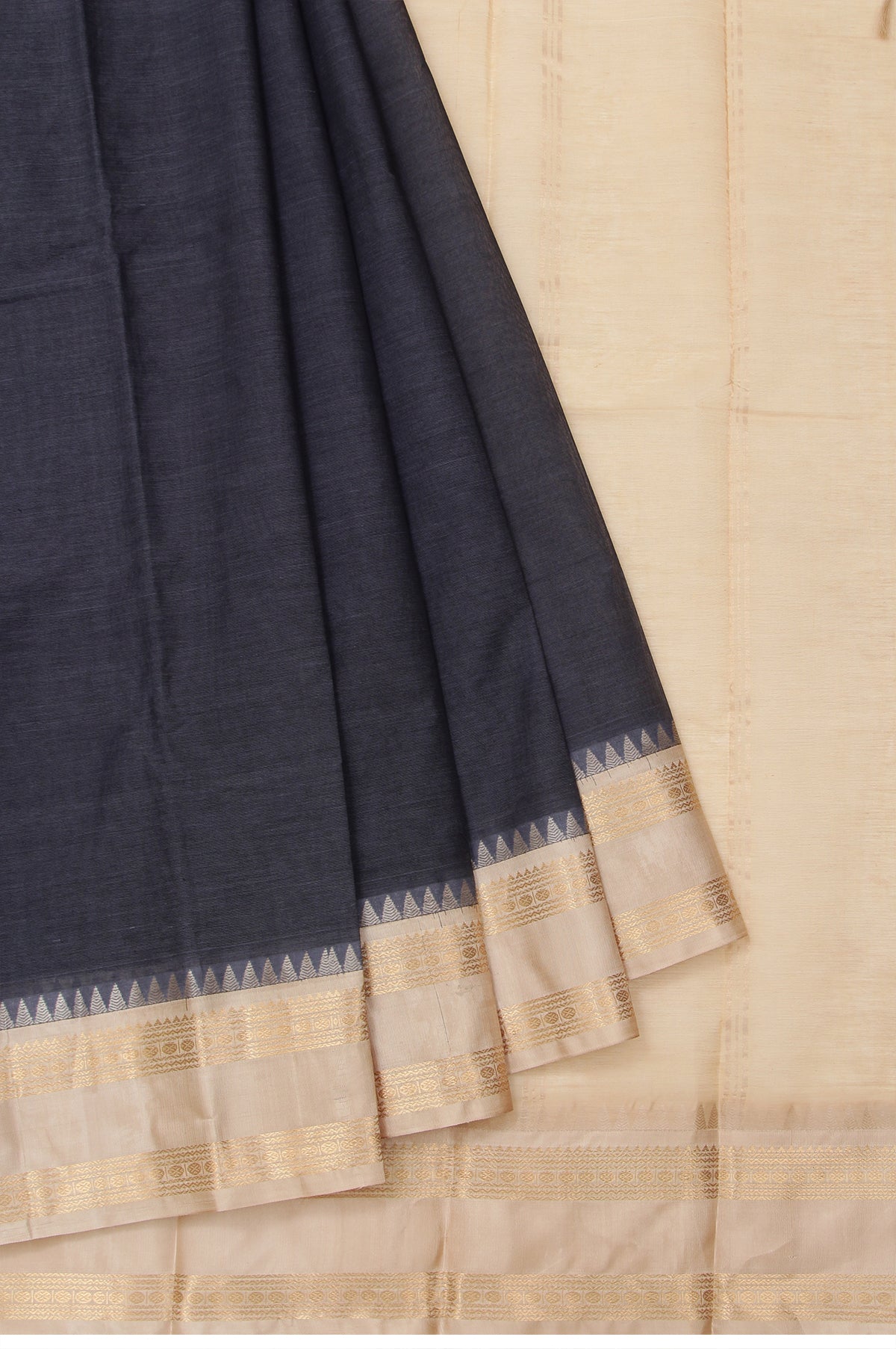 Ash Kanchi Cotton Saree with Sandal Gold Zari Stripes and Rudhraksha Butta