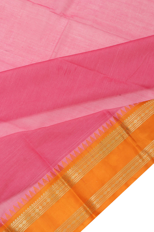 Onion Pink Kanchi Cotton Saree with Mustard Gold Zari Stripes and Temple Design