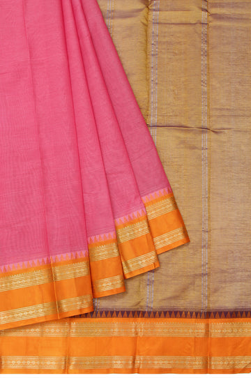 Onion Pink Kanchi Cotton Saree with Mustard Gold Zari Stripes and Temple Design