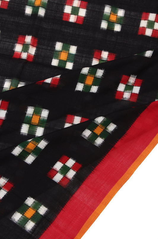 Black Ikat Cotton Saree with Red Plain Border and Multi Check Butta