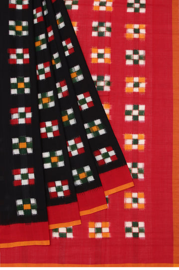 Black Ikat Cotton Saree with Red Plain Border and Multi Check Butta