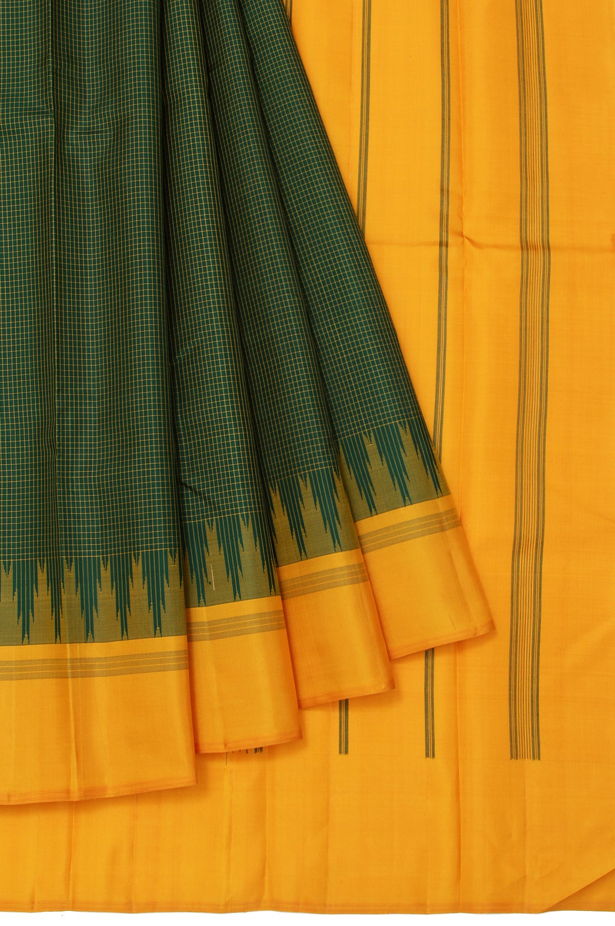 Green Kanchipuram Silk Saree with Mustard Border and Green Stripes