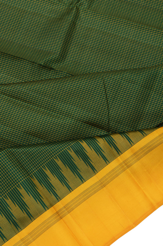 Green Kanchipuram Silk Saree with Mustard Border and Green Stripes