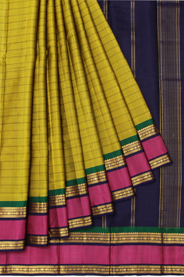 Mehendi Green Kanchipuram Silk Saree with Multicolor Stripes