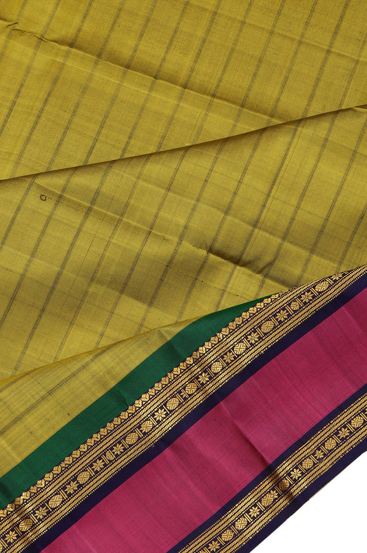 Mehendi Green Kanchipuram Silk Saree with Multicolor Stripes