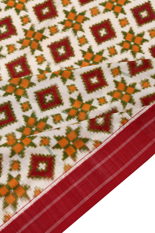 Cream Ikat Cotton Saree with Red Plain Border Blouse