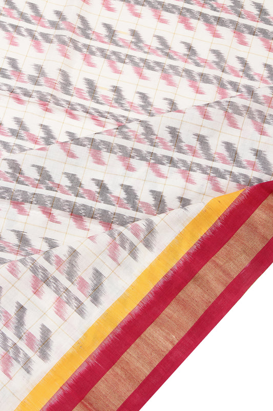 Cream Ikat Cotton Saree with Gold Zari Stripes