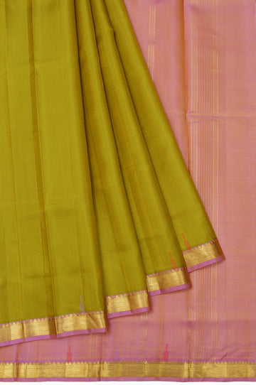 Mehendi Green Kanchipuram Silk Saree with Orange and Lavender Border