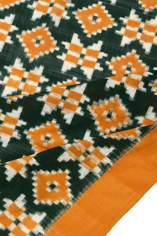 Green Ikat Cotton Saree with Mustard Border and Rangoli Butta