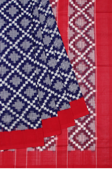 Blue Ikat Cotton Saree with Red Open Border