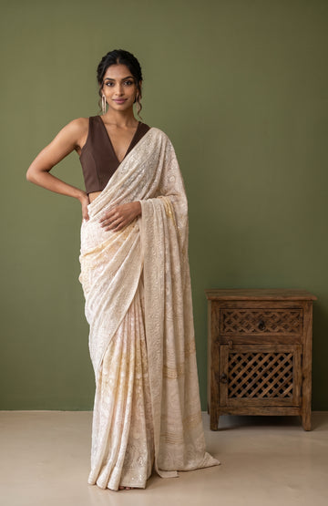 Cream Banarasi Silk Saree with Gold Zari Floral Embroidery