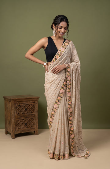Off-White Georgette Saree with All-Over Chikankari Work