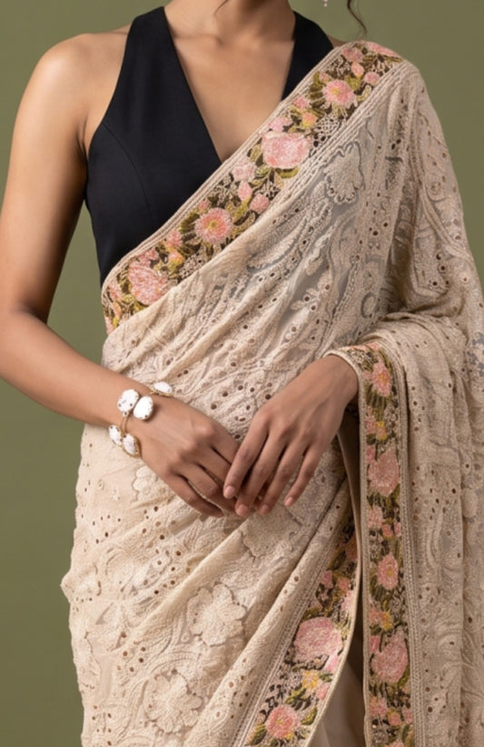 Off-White Georgette Saree with All-Over Chikankari Work