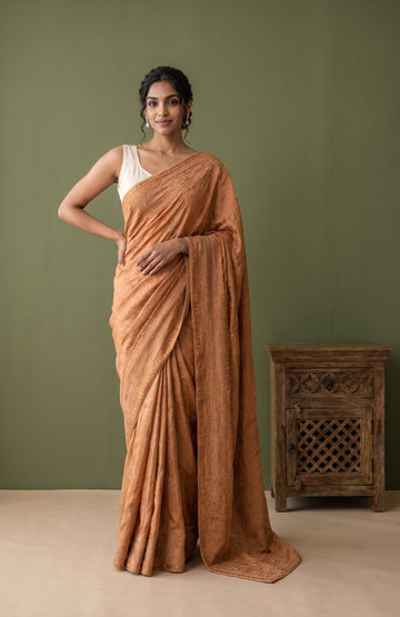 Copper Banarasi Silk Saree with Chikankari Embroidery