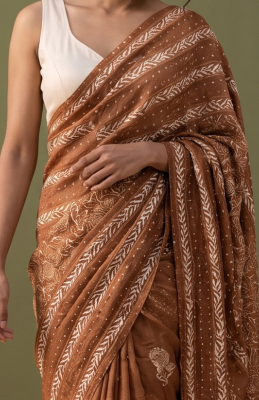 Brown Georgette Saree with Chikankari Floral Motifs