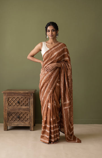 Brown Georgette Saree with Chikankari Floral Motifs
