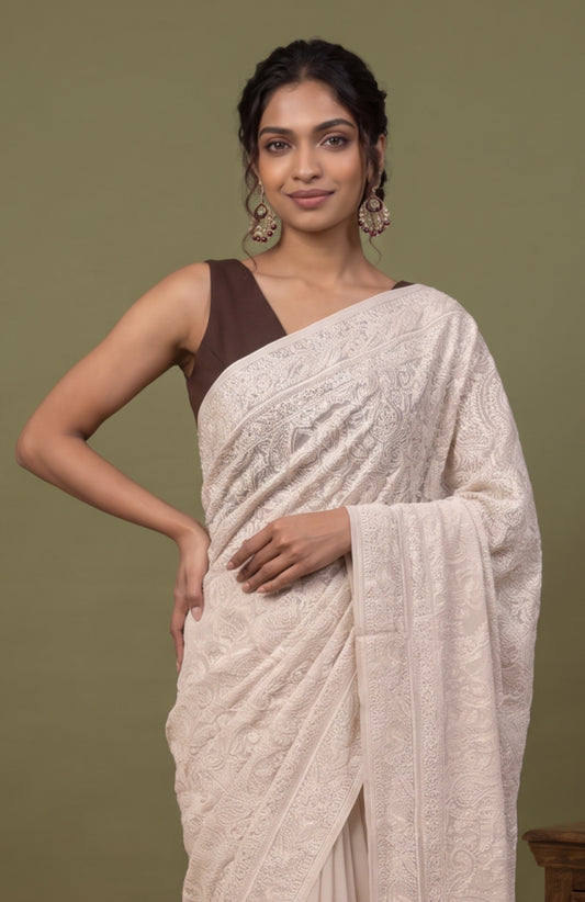 White Banarasi Georgette Saree with Chikankari Floral Jaal