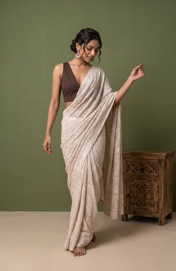 White Banarasi Georgette Saree with Chikankari Floral Jaal