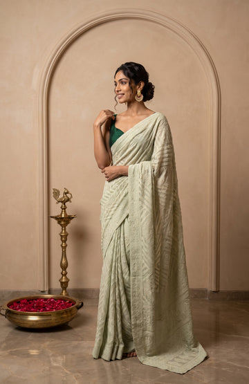 Pista Green Banarasi Georgette Saree with Striped Design