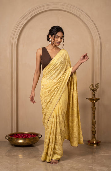 Yellow Banarasi Georgette Saree with Chikankari Floral Creeper