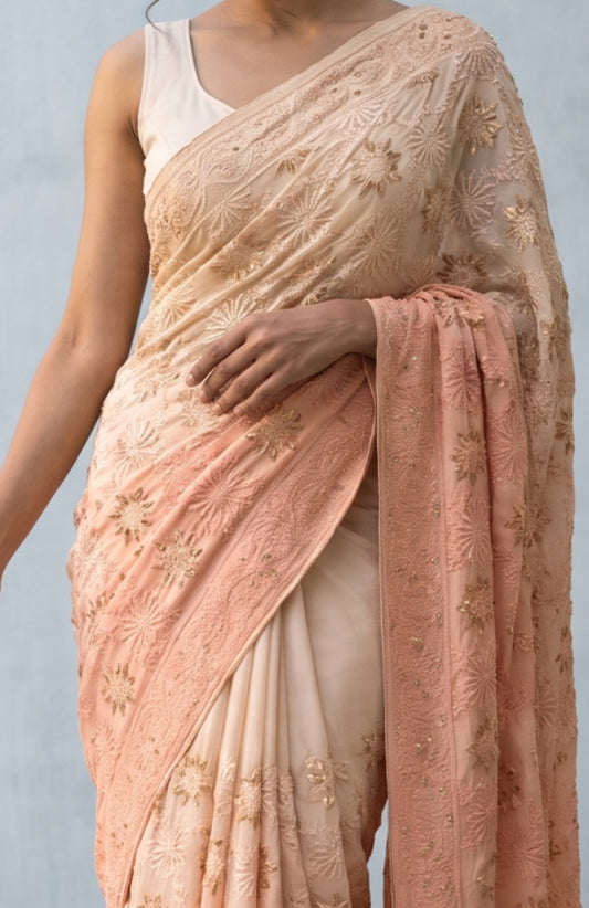 Peach Banaras Georgette Saree with Floral Motifs