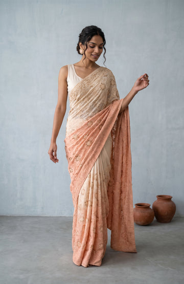 Peach Banaras Georgette Saree with Floral Motifs