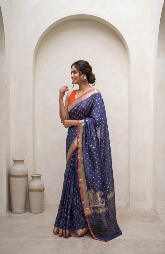 Navy Blue Banarasi Cotton Saree with Paisley Pallu Design