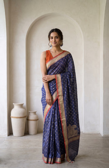 Navy Blue Banarasi Cotton Saree with Paisley Pallu Design