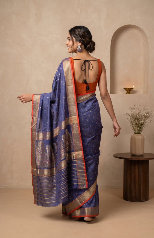 Navy Blue Banarasi Cotton Saree with Butta Design