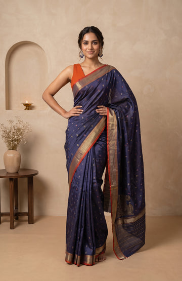 Navy Blue Banarasi Cotton Saree with Butta Design