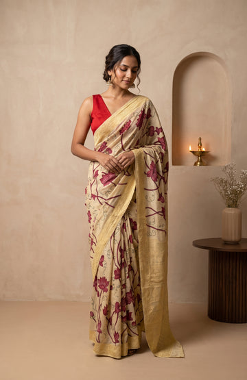 Cream Mangalagiri Georgette Saree with Hand-Painted Floral Motifs