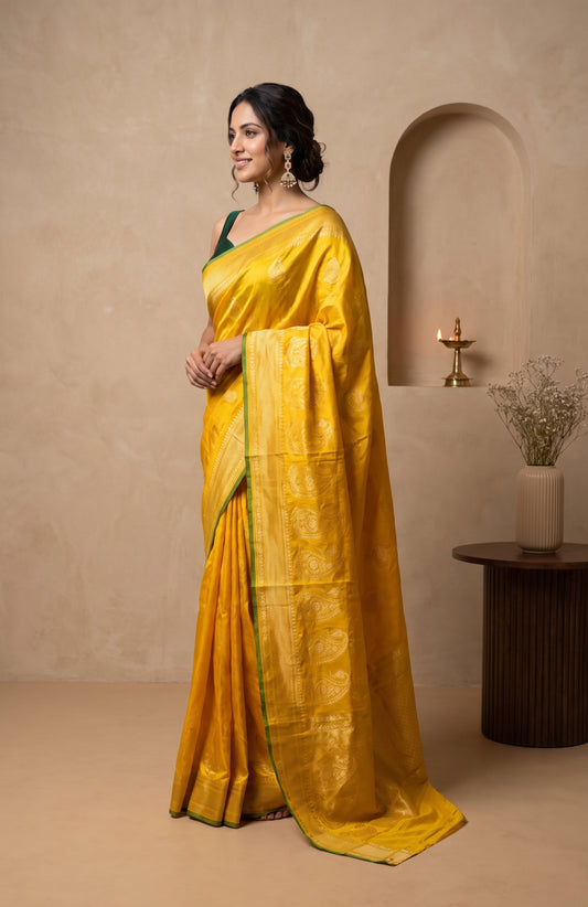 Yellow Banarasi Cotton Saree with Floral Butta