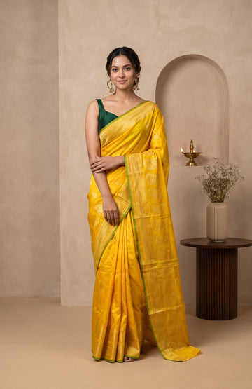 Yellow Banarasi Cotton Saree with Floral Butta