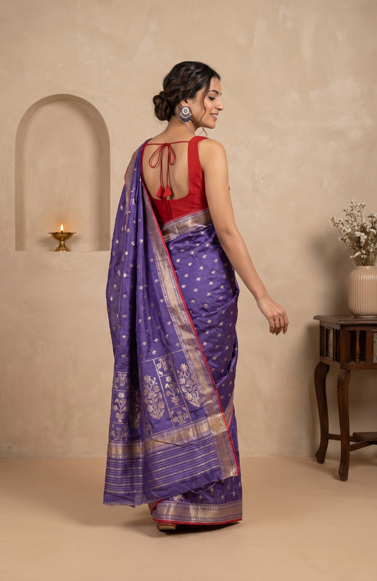 Violet Banarasi Cotton Saree with Tree Motifs Design