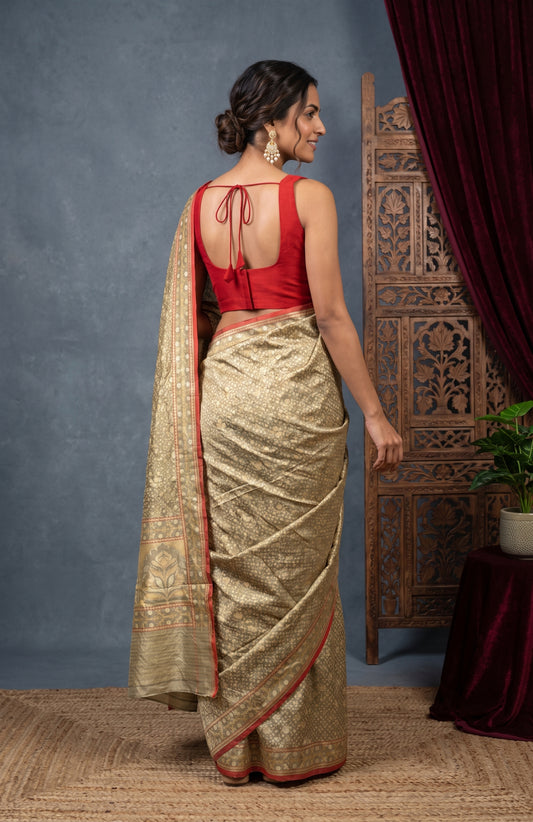 Grey Banarasi Cotton Jamdani Saree with Floral Twill Design