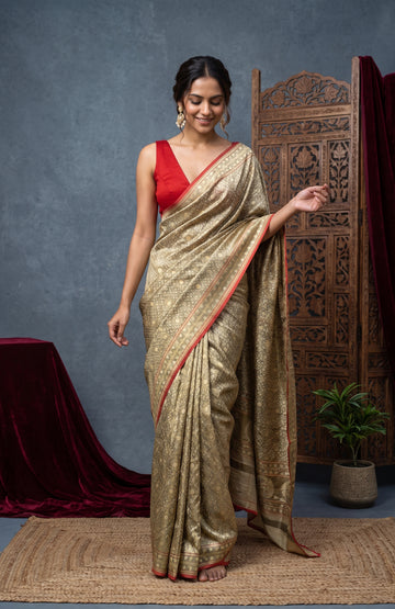 Grey Banarasi Cotton Jamdani Saree with Floral Twill Design