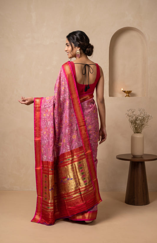 Pink Banarasi Cotton Saree with Floral Jamdani Jaal