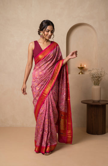 Pink Banarasi Cotton Saree with Floral Jamdani Jaal