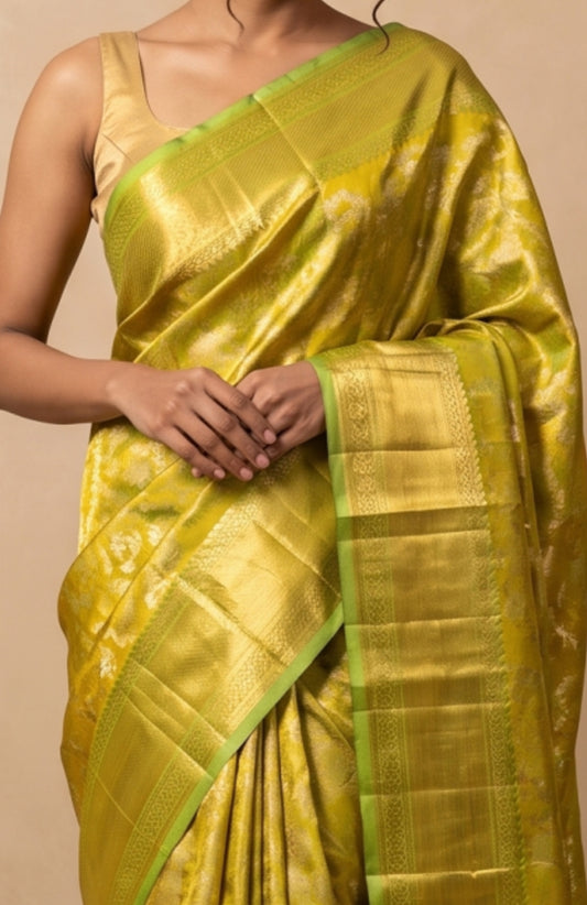 Parrot Green Kanchipuram Tissue Silk Saree with Jaal & Motif Design
