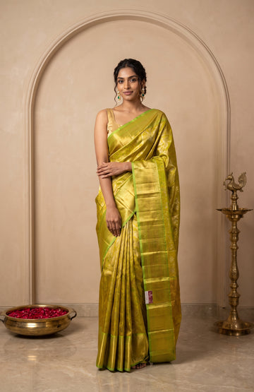 Parrot Green Kanchipuram Tissue Silk Saree with Jaal & Motif Design