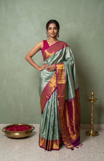 Sky Blue Kanchipuram Silk Saree with Pink Contrast Border
