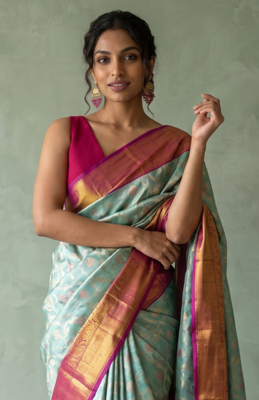 Sky Blue Kanchipuram Silk Saree with Pink Contrast Border