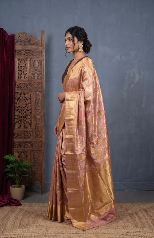 Onion Pink Kanchipuram Silk Saree with Meenakari Bird Motifs