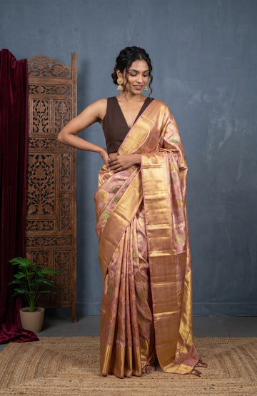 Onion Pink Kanchipuram Silk Saree with Meenakari Bird Motifs