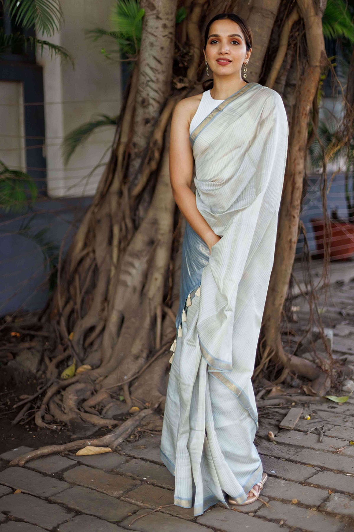 White Tussar Silk Saree with Batik Prints