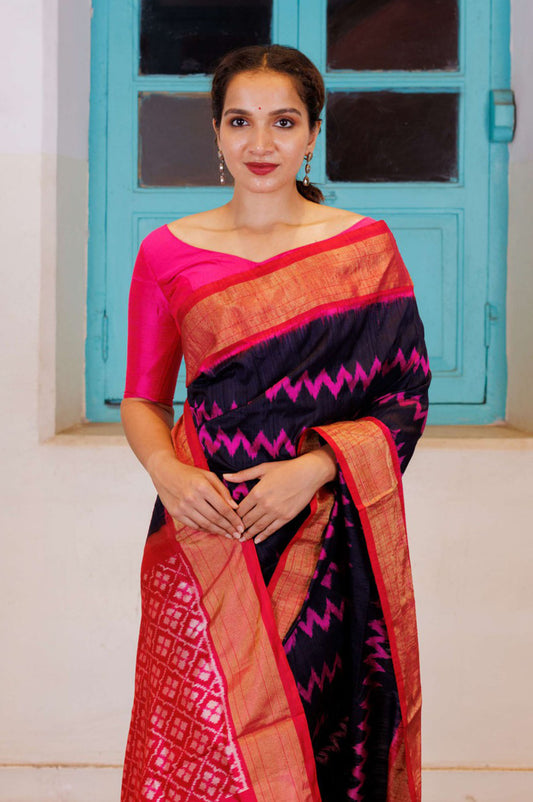 Navy Blue And Pink Pochampally Dupion Silk Saree - Mavuri