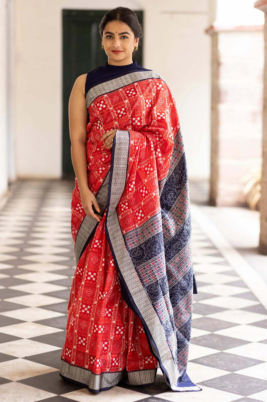 Red Sambhalpuri Ikat Silk Saree