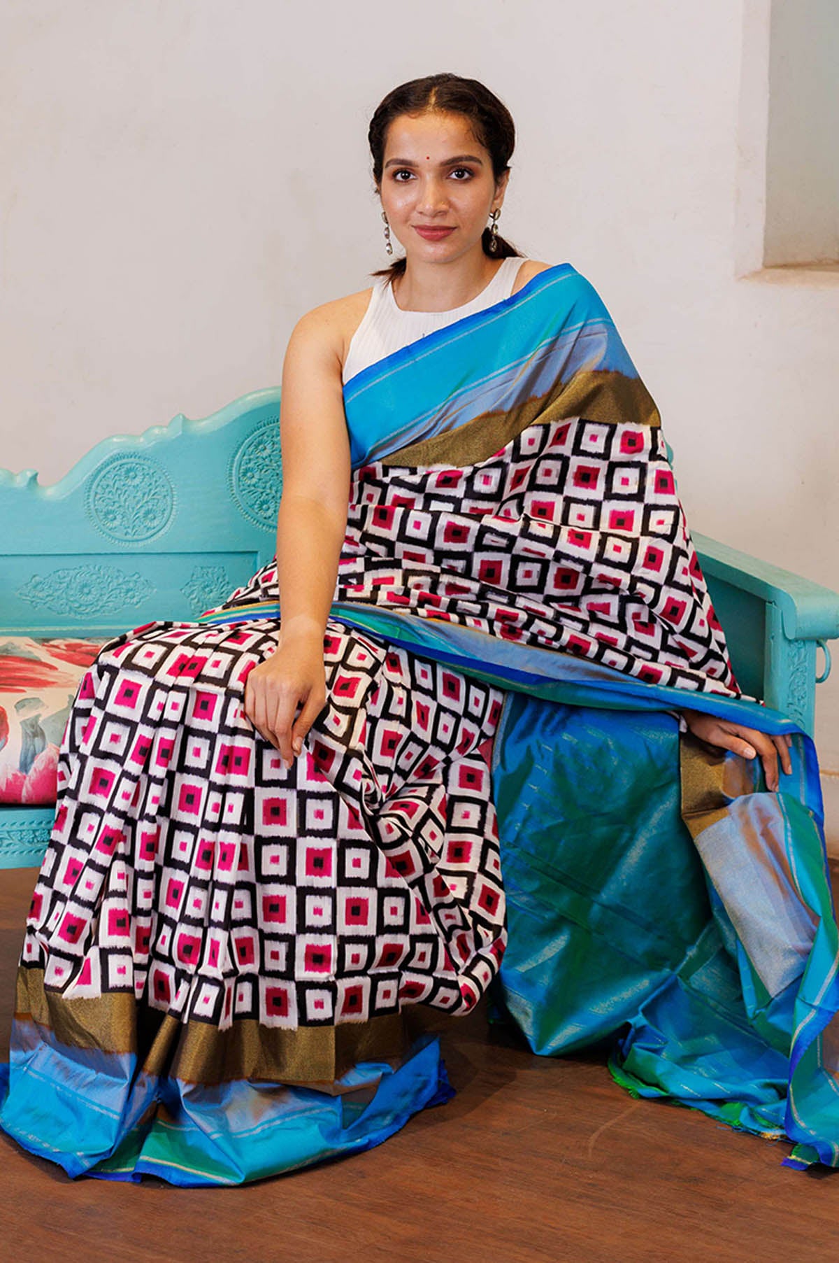 White and Blue Pochamally Ikat Silk Saree - Mavuri