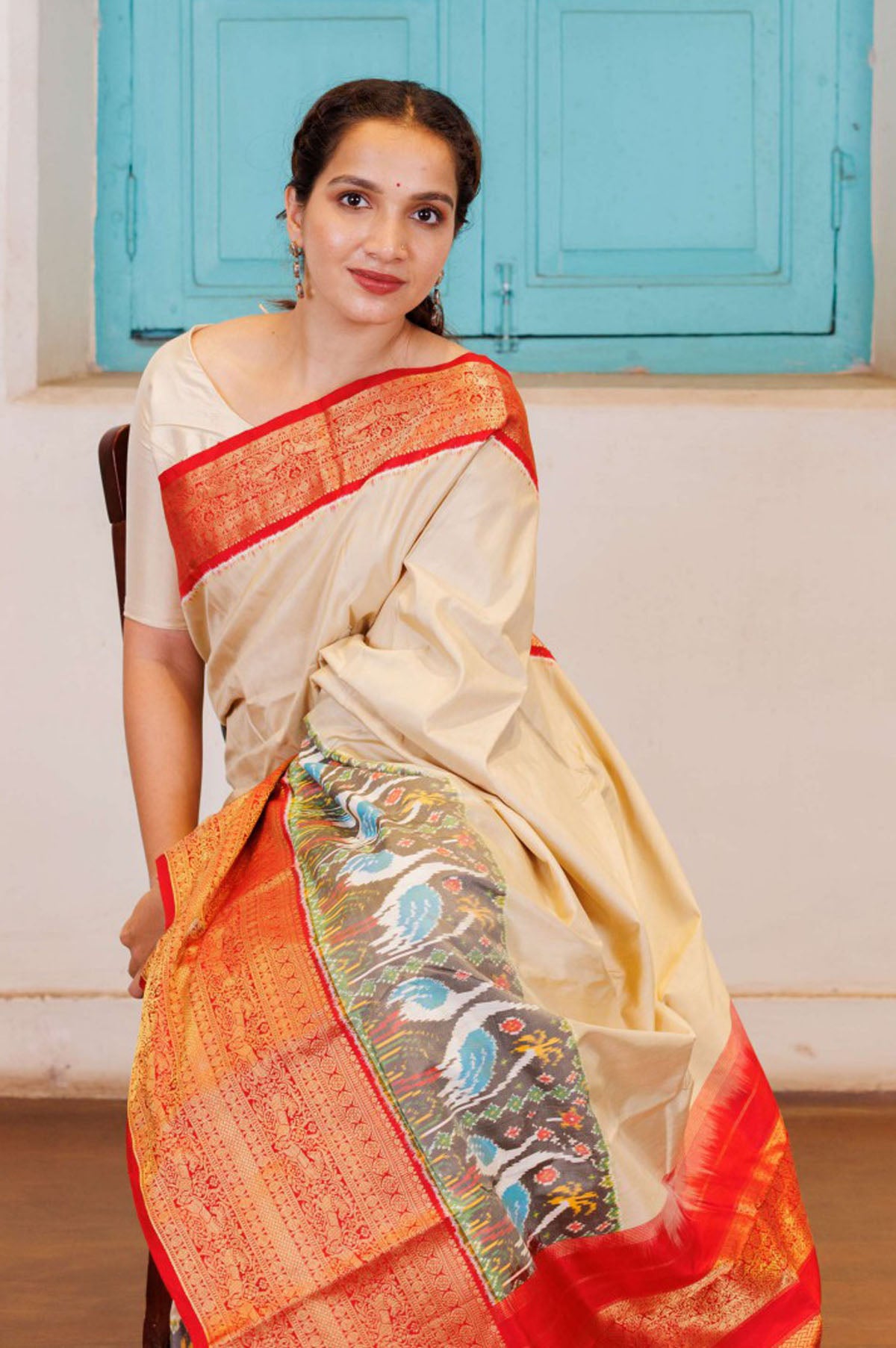 Beige Ikat Kanchipuram Silk Saree - Mavuri
